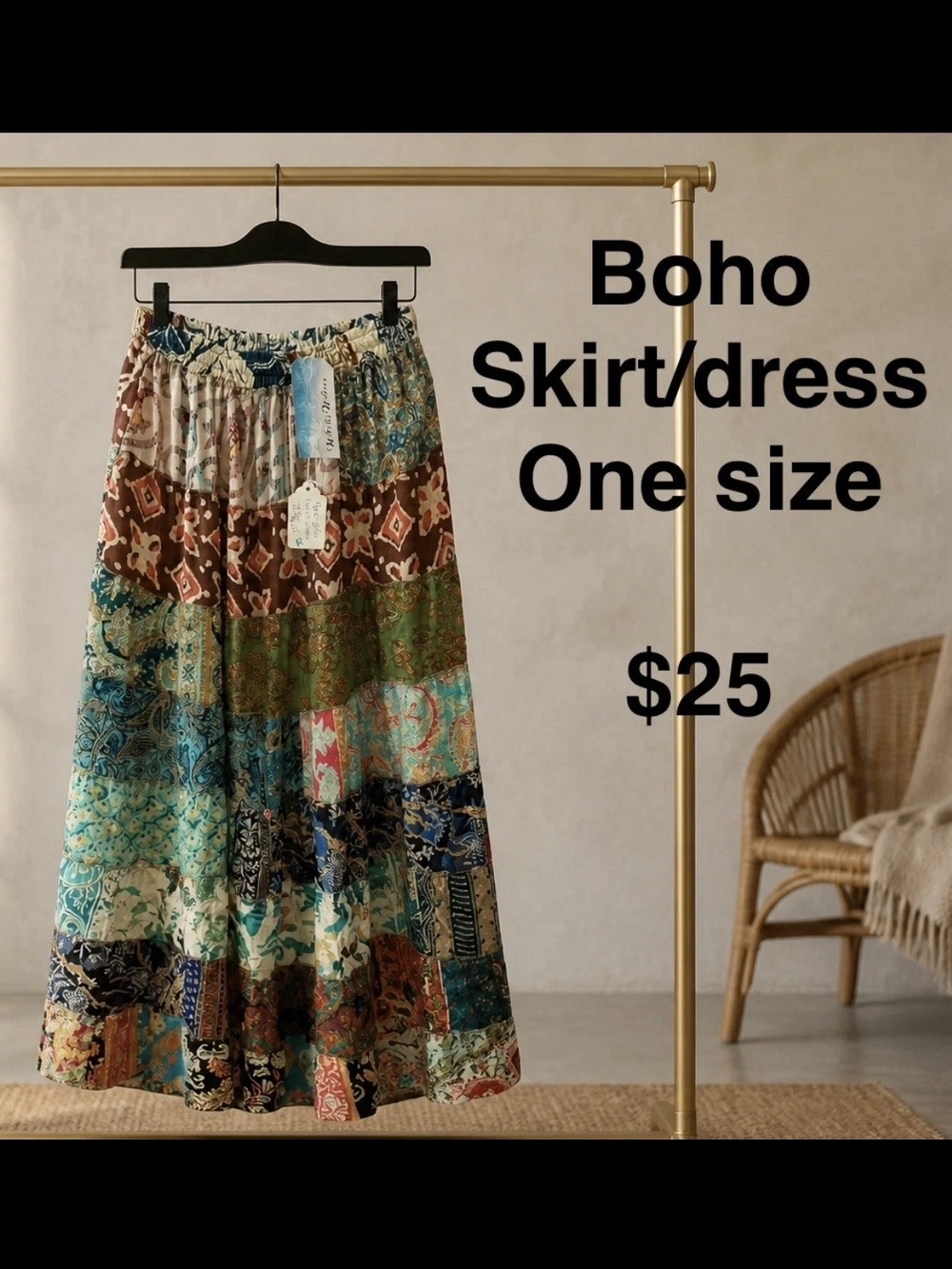 Women’s Boho Patchwork Long Skirt Multicolor One Size Elastic Drawstring